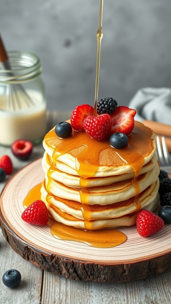 A stack of fluffy sourdough pancakes topped with syrup and fresh berries.