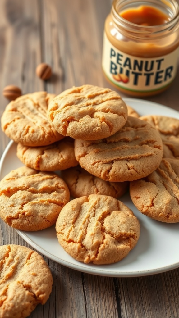 A plate of sourdough peanut butter cookies with a jar of peanut butter in the background.