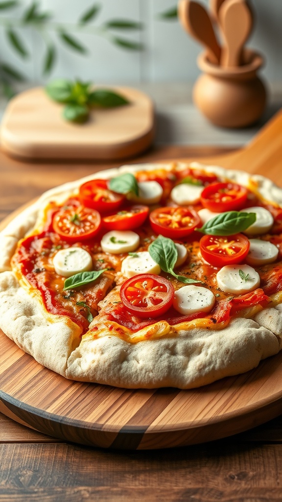 A freshly baked sourdough pizza on a wooden board, topped with tomatoes, mozzarella, and basil.