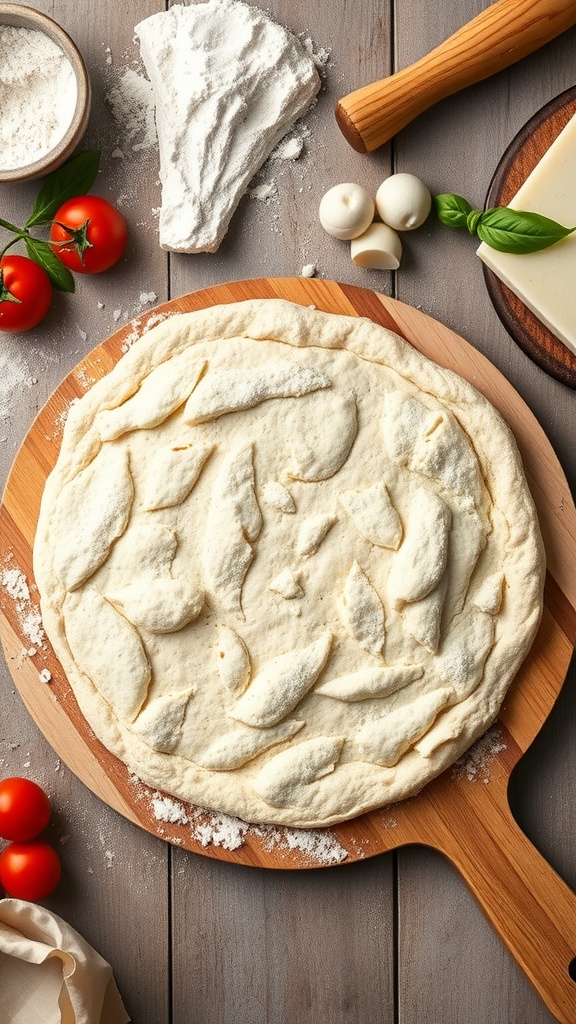 Sourdough pizza crust with fresh ingredients like tomatoes, mushrooms, and basil