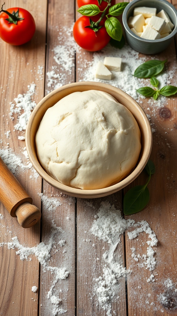 A bowl of sourdough pizza dough surrounded by tomatoes, basil, and cheese on a wooden table