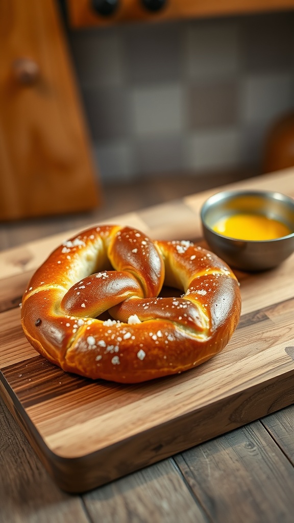 A freshly baked sourdough pretzel on a wooden board with a bowl of mustard.