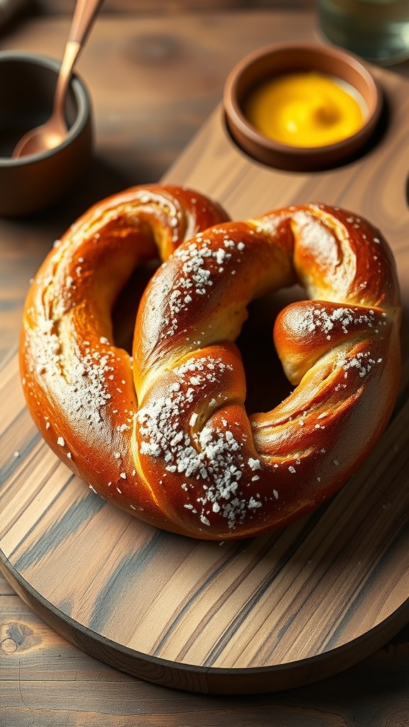 A freshly baked sourdough pretzel on a wooden board with a small bowl of mustard.