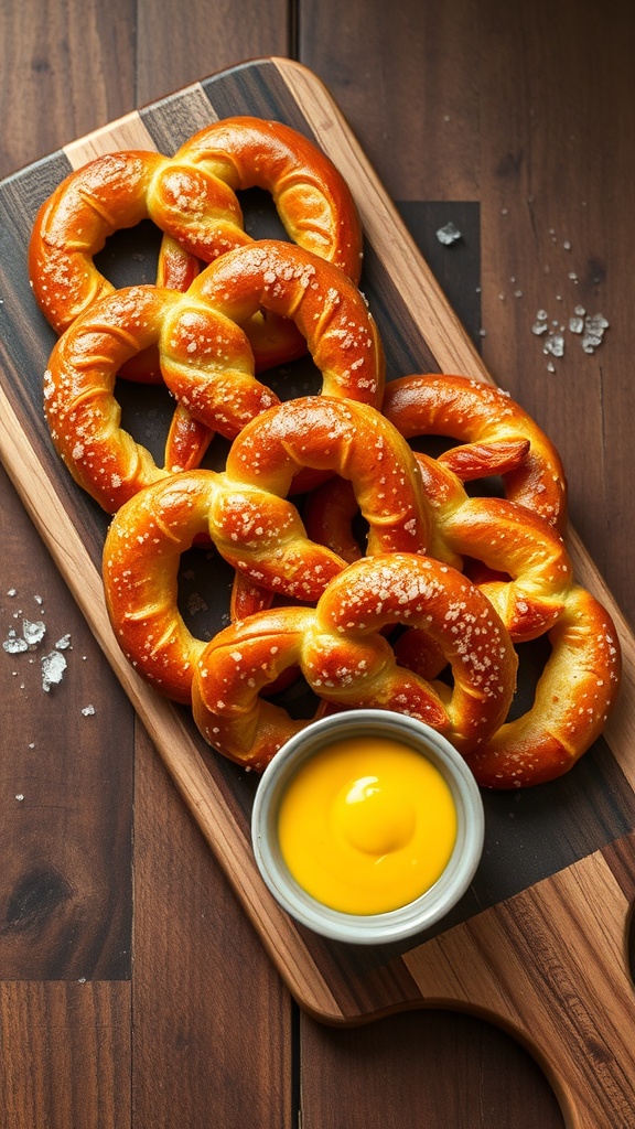Freshly baked sourdough pretzels on a wooden board with a bowl of egg wash.