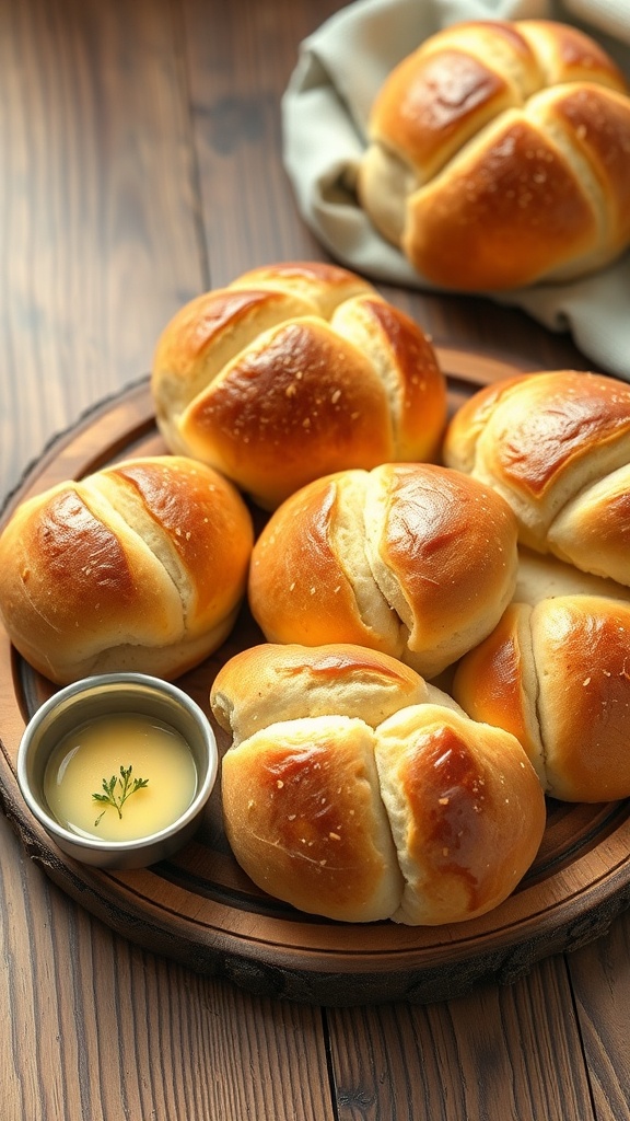 A plate of golden-brown sourdough pull apart rolls with a small bowl of butter on a wooden table.