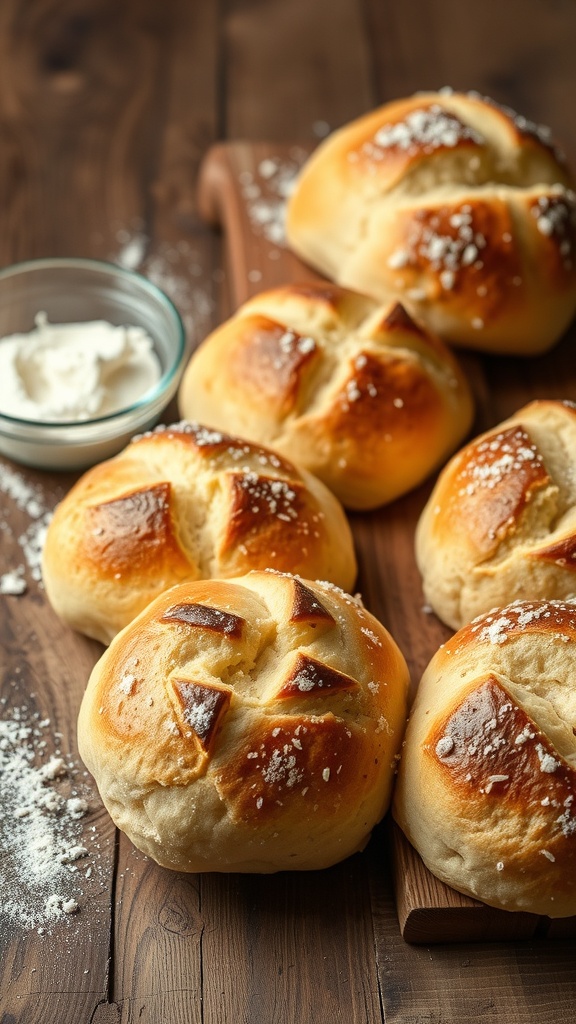 Freshly baked sourdough rolls with a bowl of butter on a wooden board