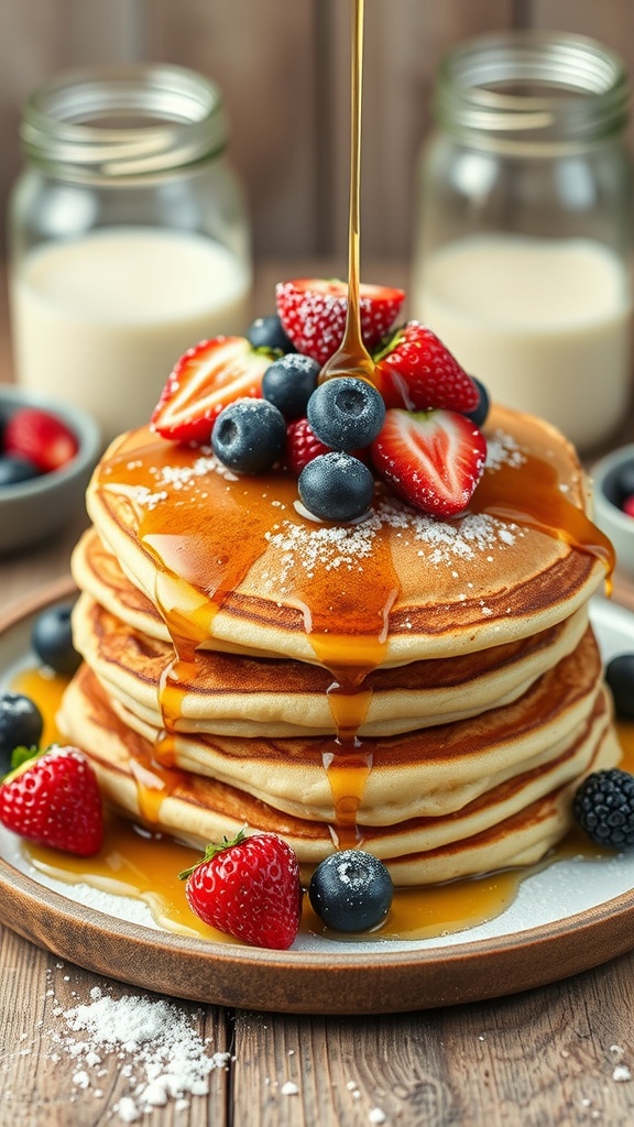 A stack of fluffy buttermilk sourdough pancakes topped with fresh berries and syrup.
