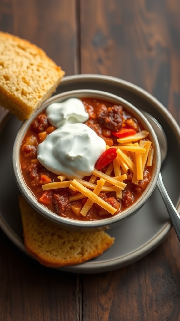 A bowl of Southwestern Chili topped with cheese and sour cream, with cornbread on the side.