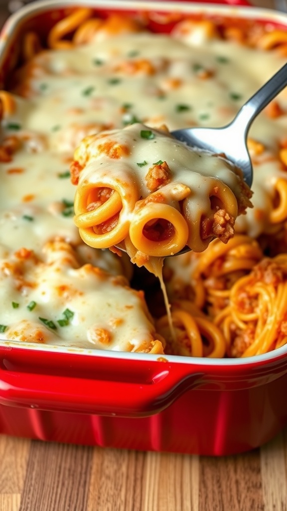A delicious spaghetti casserole with ground beef and melted cheese in a red dish