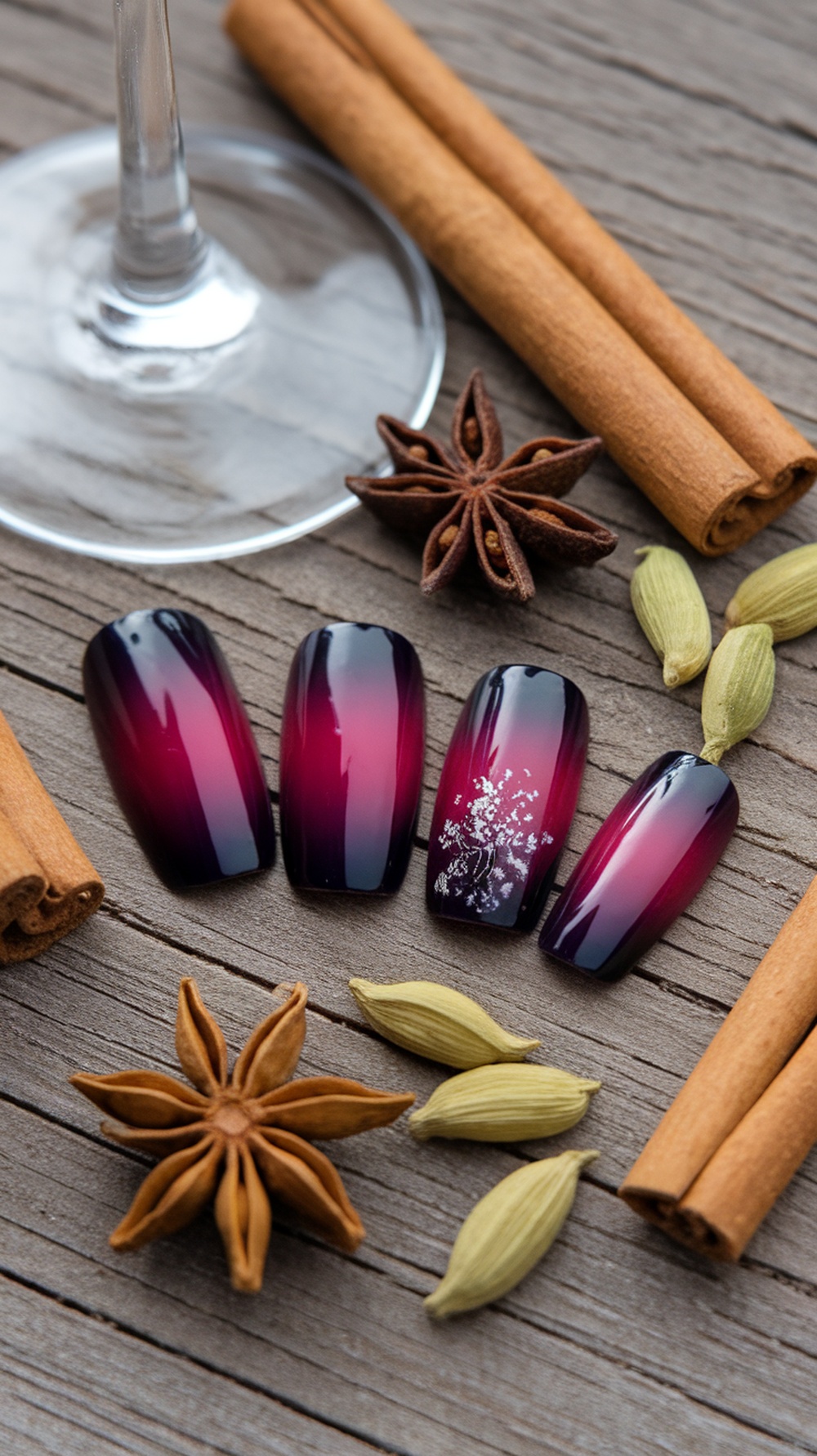 Nail design featuring burgundy and purple colors with spiced wine elements
