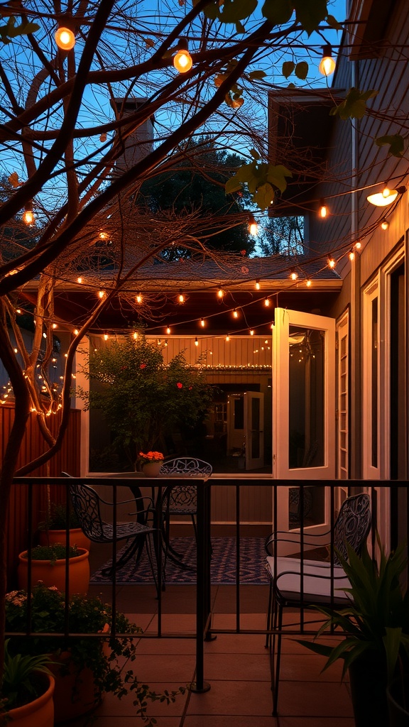 A cozy outdoor patio with string lights illuminating the space, featuring a table and chairs surrounded by plants.