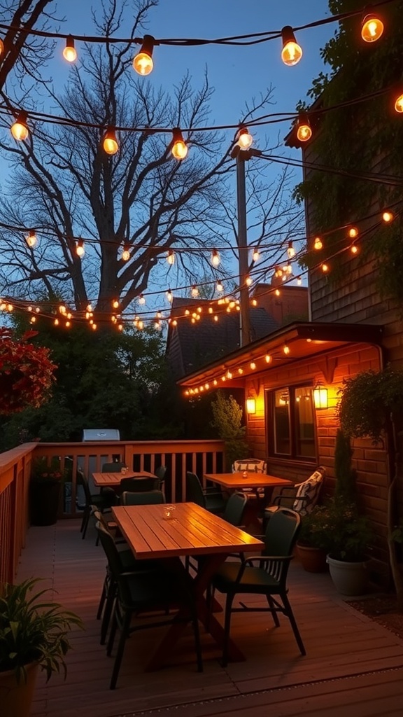 A cozy outdoor patio with string lights hanging above, creating a warm atmosphere.
