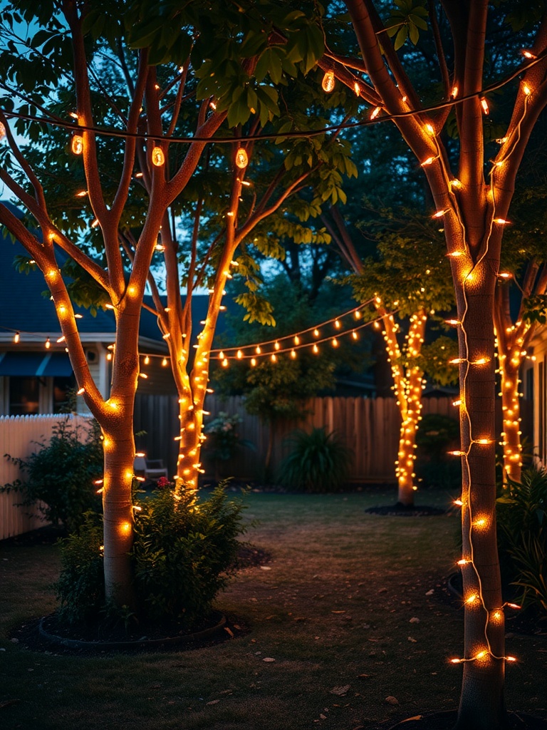 A backyard with string lights wrapped around trees, creating a cozy atmosphere at dusk.