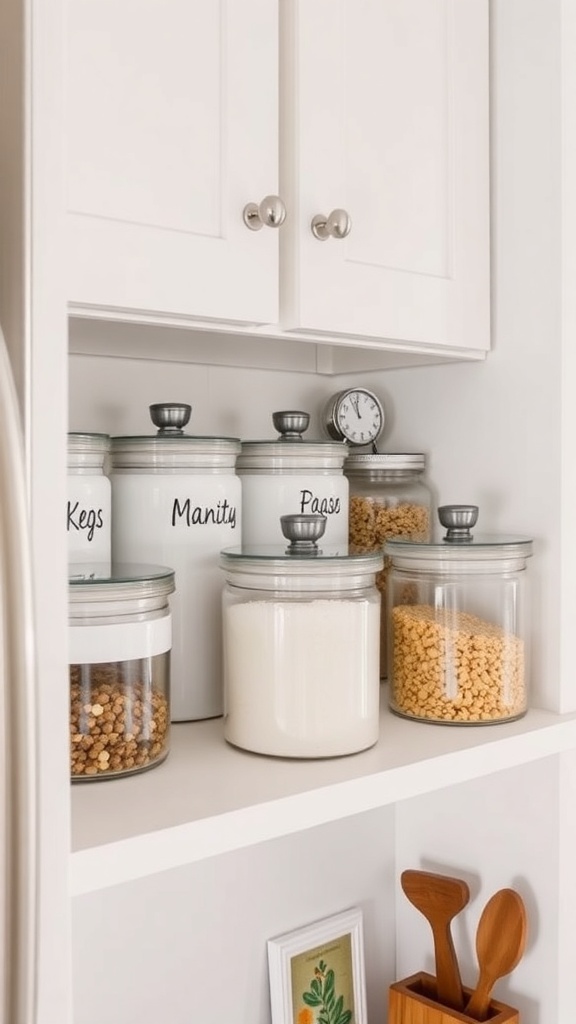 Stylish kitchen shelf with labeled canisters and a clock