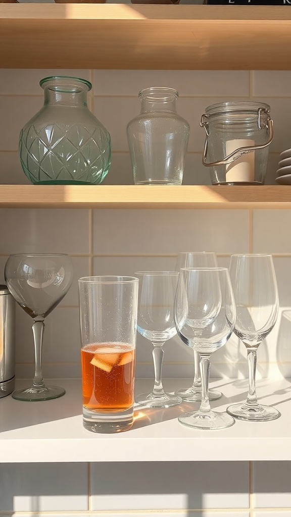 A kitchen shelf displaying various glassware, including a tall glass with a drink and ice, showcasing a stylish summer drink setup.