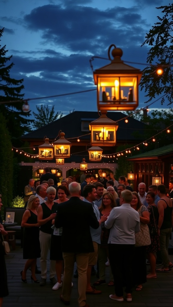 A lively outdoor party scene with guests gathered under glowing lanterns and string lights.