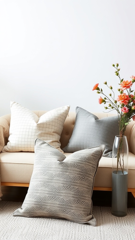 Cozy sofa with stylish pillow covers and a vase of flowers