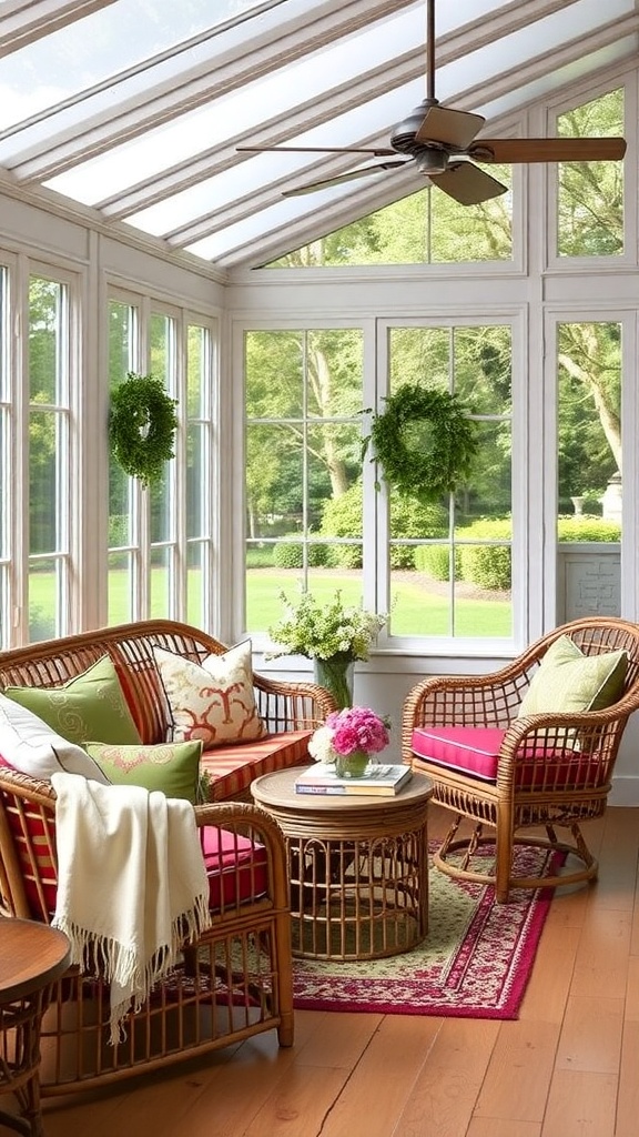 A sunroom with rattan furniture, including a sofa and chairs, decorated with colorful cushions and a floral centerpiece.