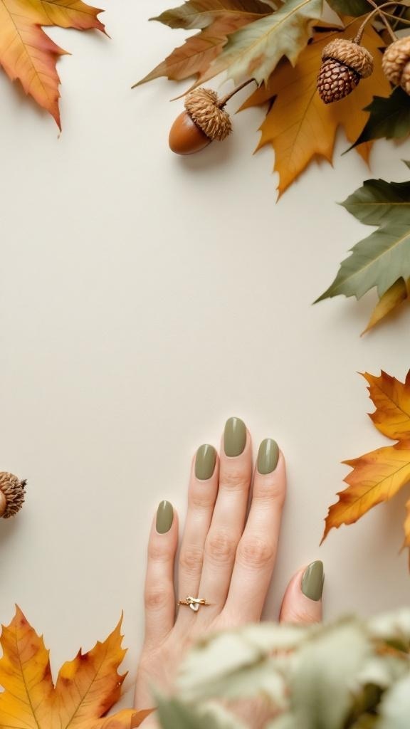 A hand with olive green nails surrounded by autumn leaves and acorns.