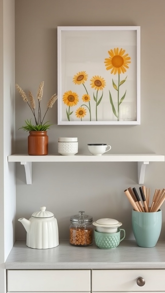 A kitchen shelf with summer-themed wall art featuring sunflowers, a teapot, jars, and kitchen utensils.