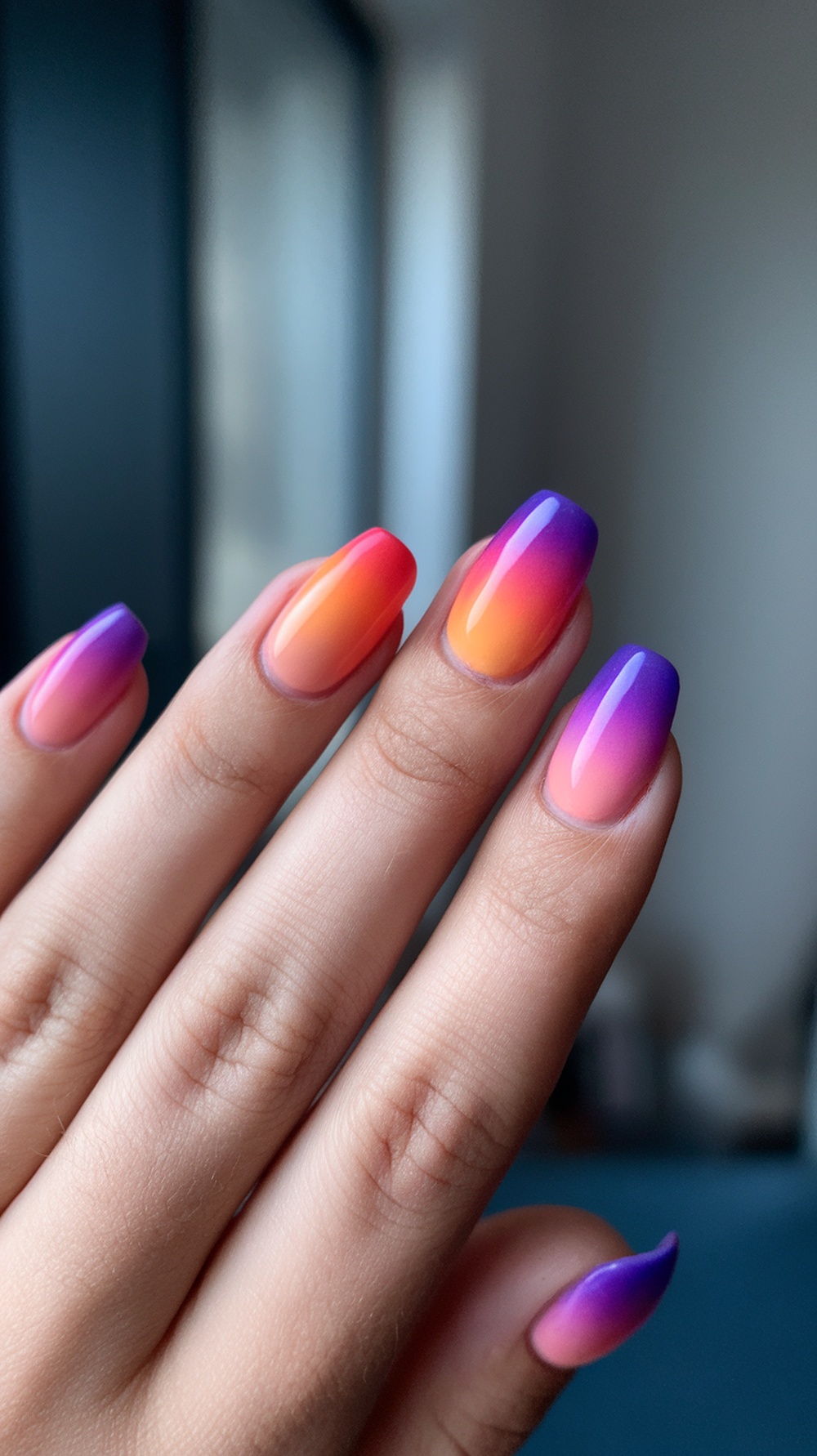 A hand with sunset gradient nails featuring shades of purple, orange, and pink.