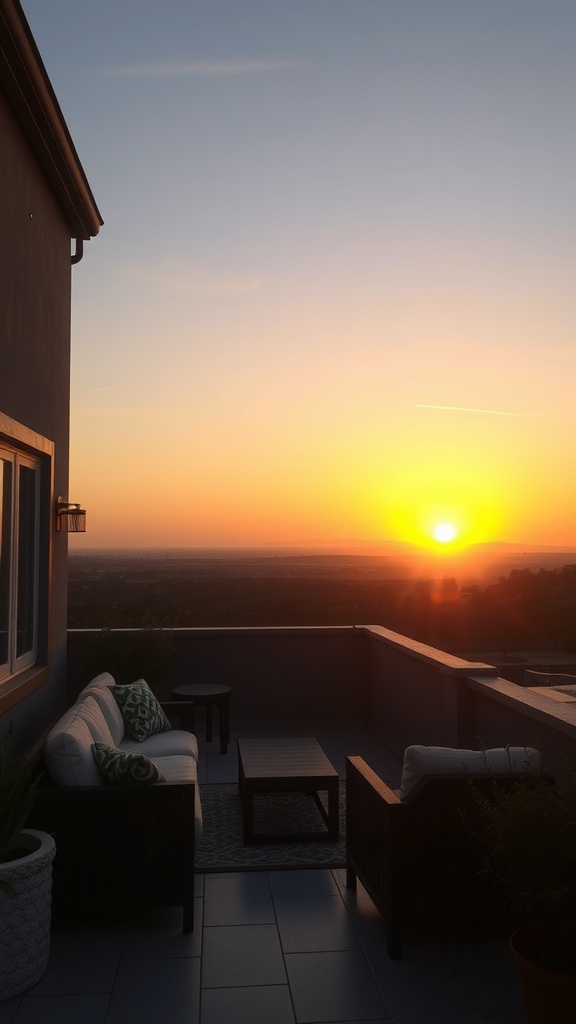 A cozy outdoor patio with seating facing a beautiful sunset.