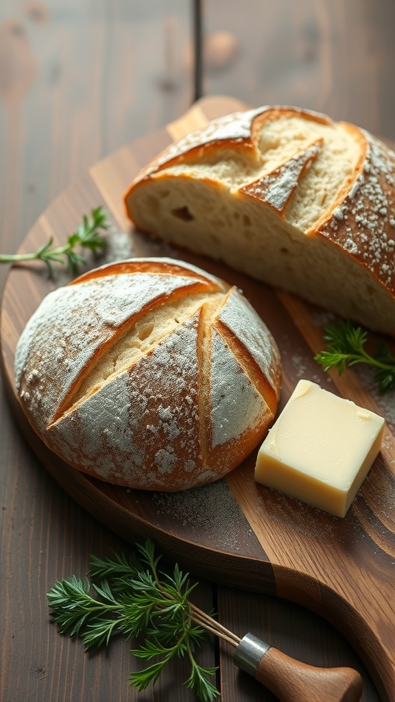 Freshly baked sourdough bread rolls on a wooden board with butter and herbs