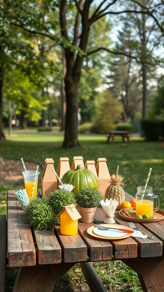 An outdoor party setup with sustainable supplies including plant decorations, reusable containers, and colorful drinks.