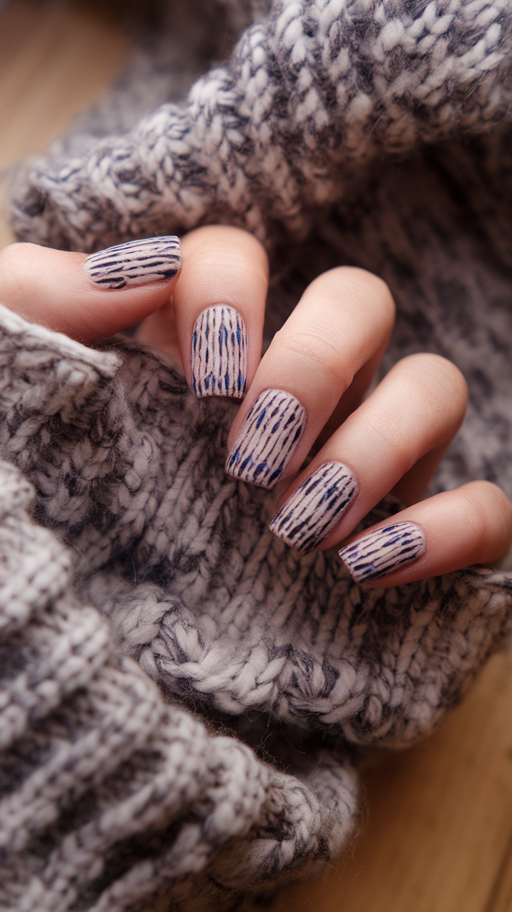 Nails with a sweater knit texture design, showcasing a cozy fall aesthetic.
