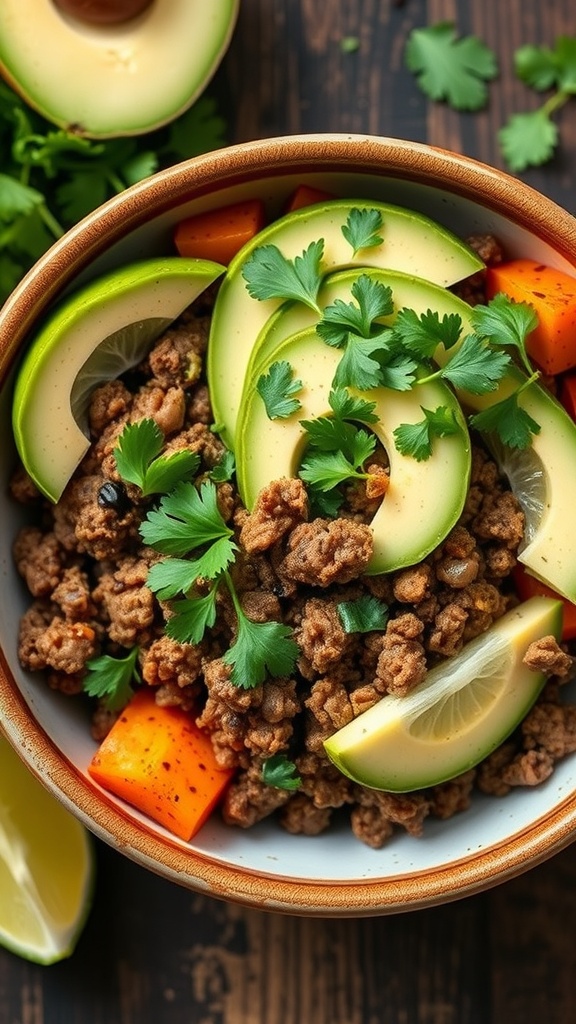 A bowl of sweet potato and ground beef topped with avocado slices and cilantro.