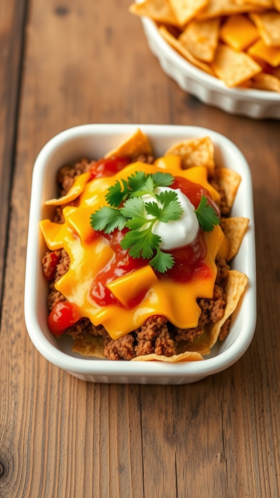 A delicious Taco Casserole for One with ground beef, cheese, and toppings.