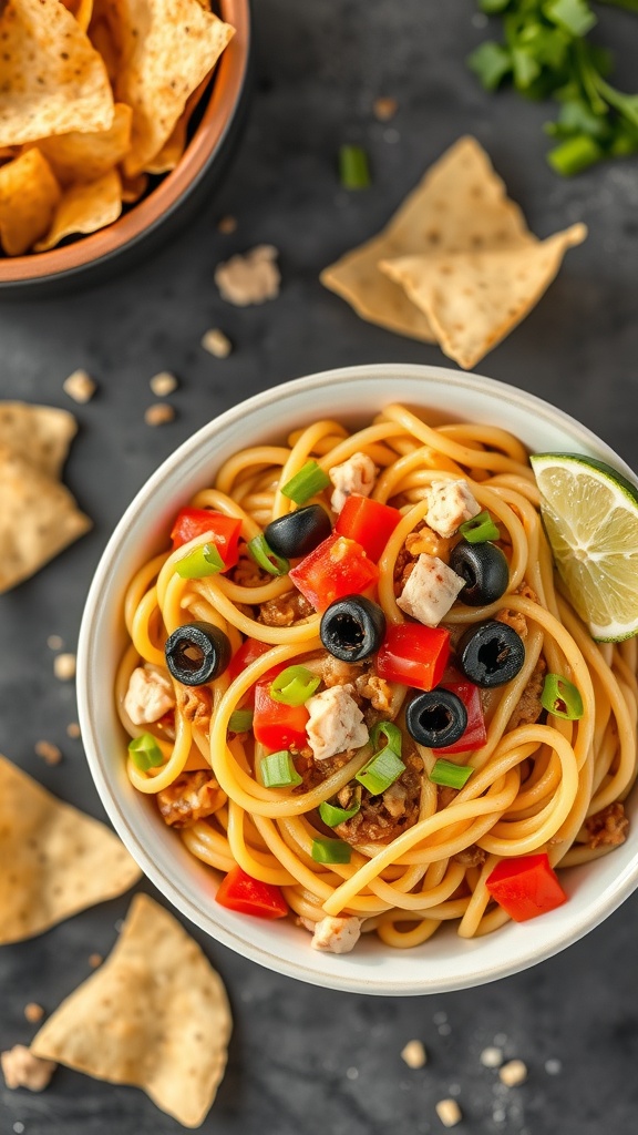 A bowl of taco pasta with ground beef, olives, and fresh vegetables, served with tortilla chips.