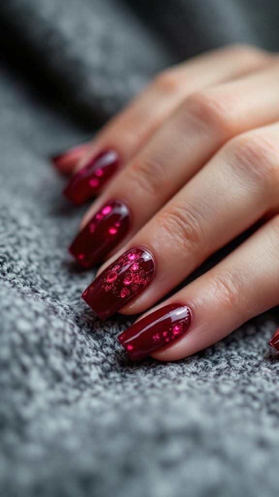 Close-up of textured dark cherry red nails on a hand resting on a soft gray background.