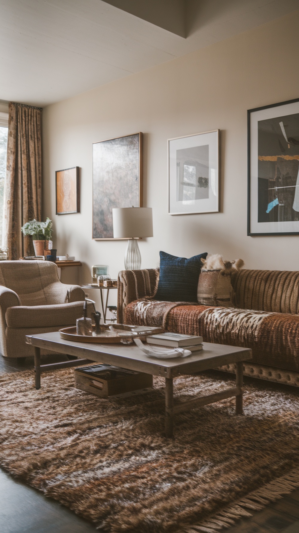 Cozy living room with a textured rug, warm sofa, and stylish decor.
