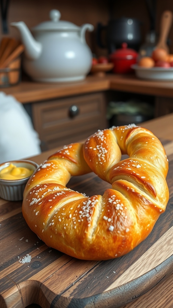 A golden brown sourdough soft pretzel on a wooden board with a small dish of mustard.