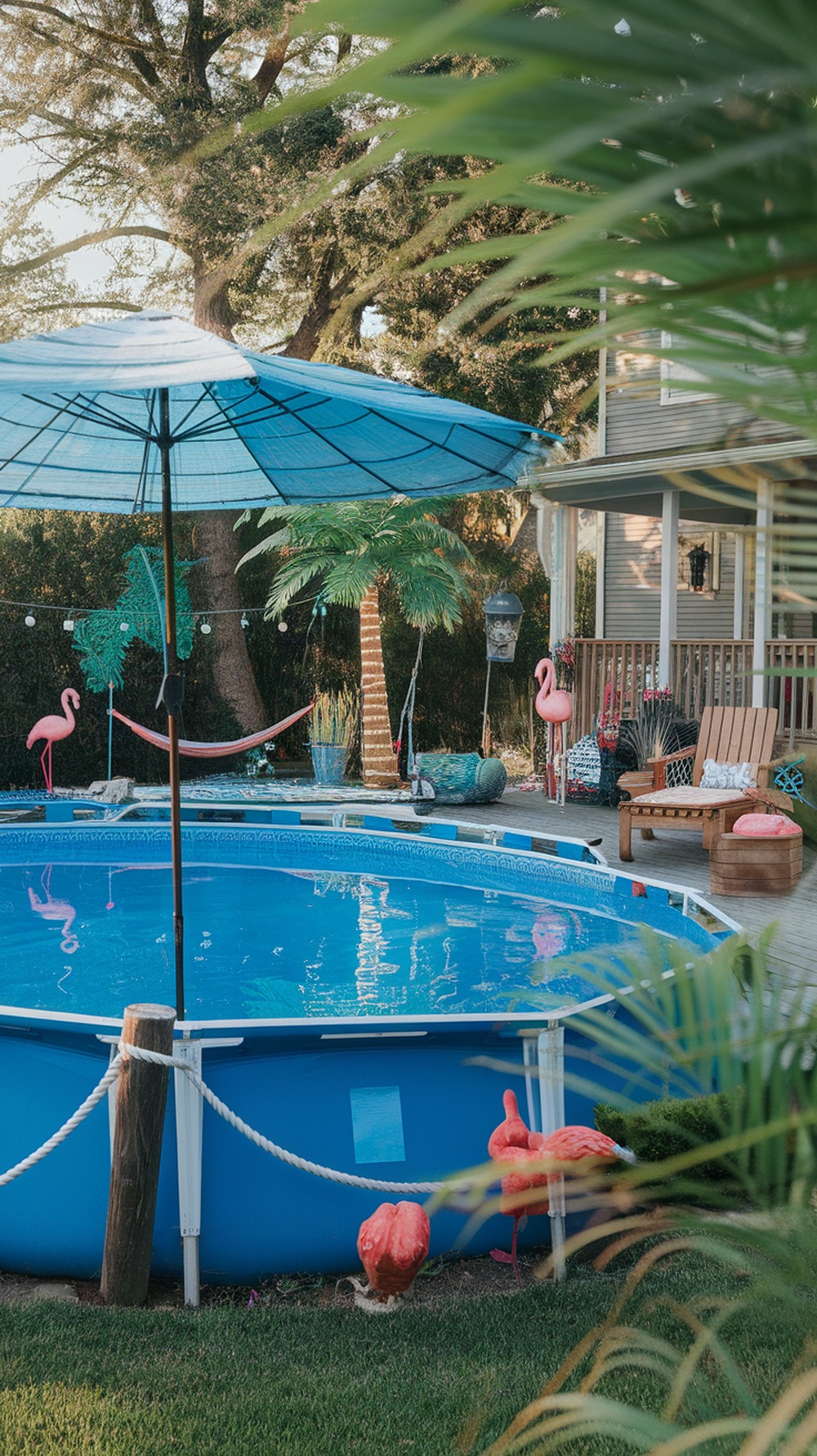 A vibrant backyard with an above ground pool, flamingos, a palm tree, and colorful decor.