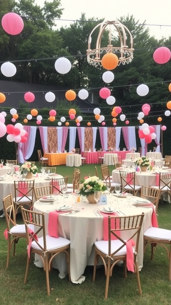 Outdoor party setup with colorful lanterns, elegant tables, and floral arrangements.