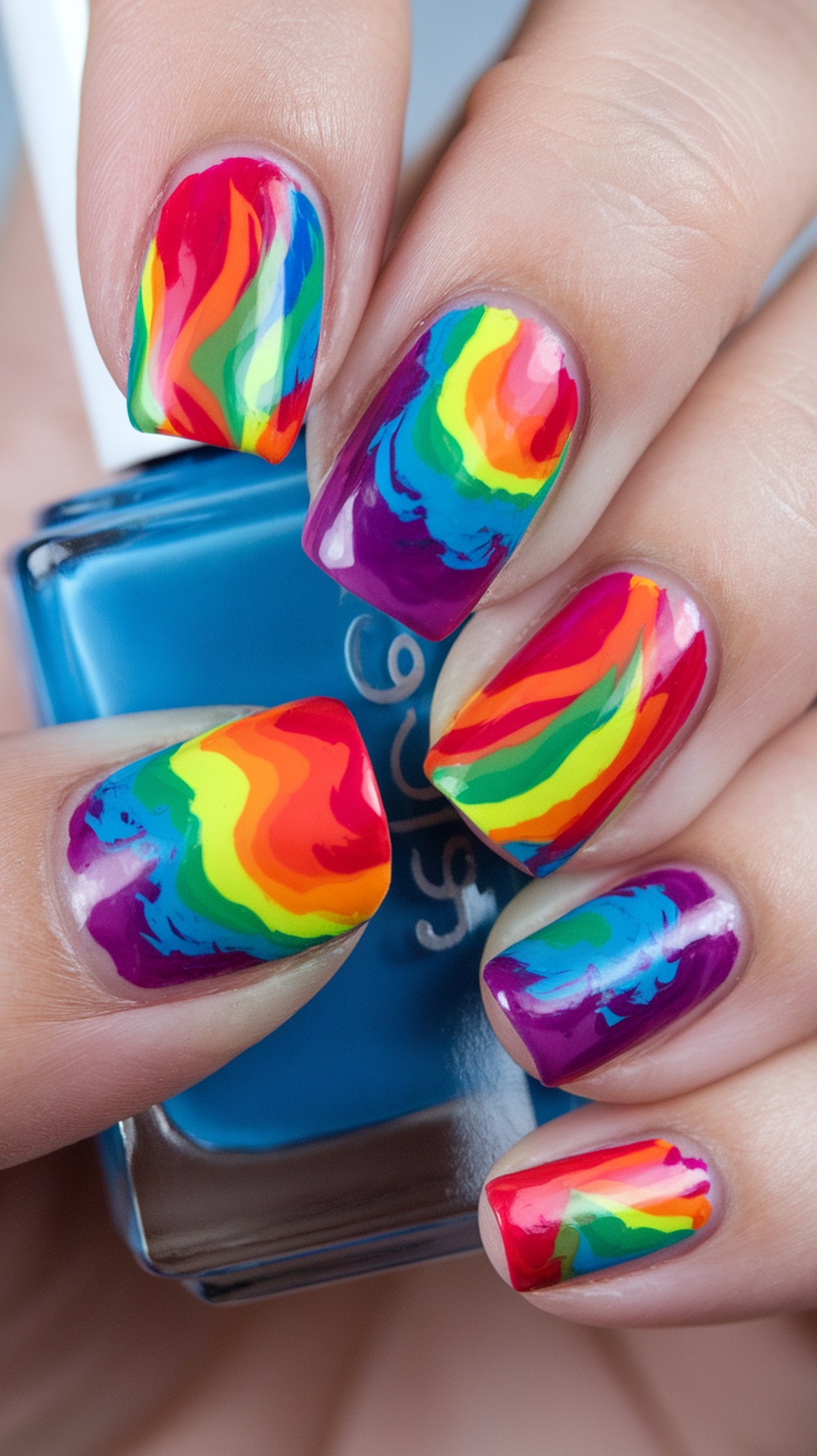 Colorful tie-dye nail design with vibrant swirls of red, yellow, green, and purple.