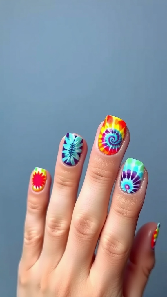 Colorful tie-dye nail designs with various patterns on each nail.