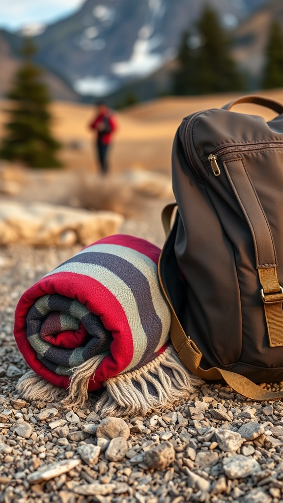 A rolled-up striped blanket next to a backpack on rocky terrain, with a person in the background.