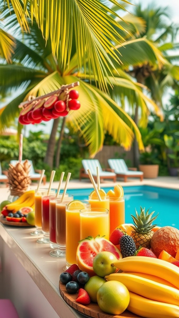 A vibrant tropical fruit bar with smoothies and fresh fruits by a pool