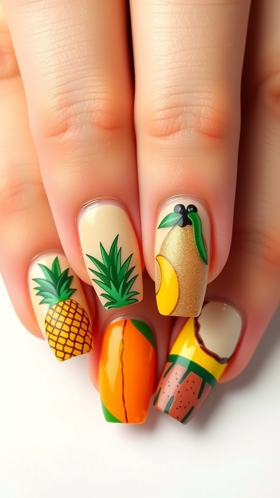 Colorful tropical fruit nail art featuring pineapple, orange, mango, and watermelon designs.