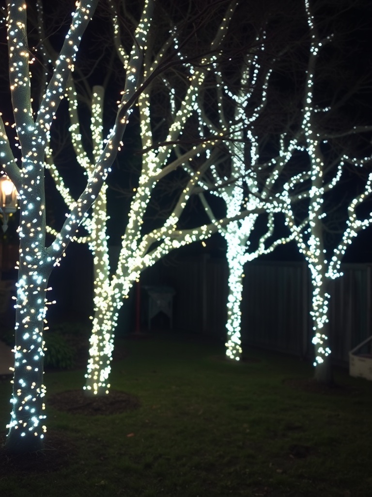 Trees wrapped with twinkling fairy lights at night