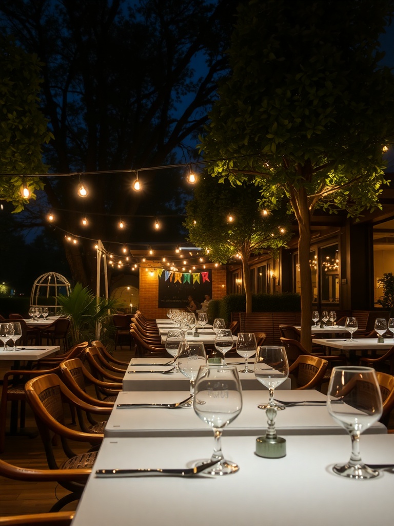 Outdoor dining area with string lights and under-table lighting