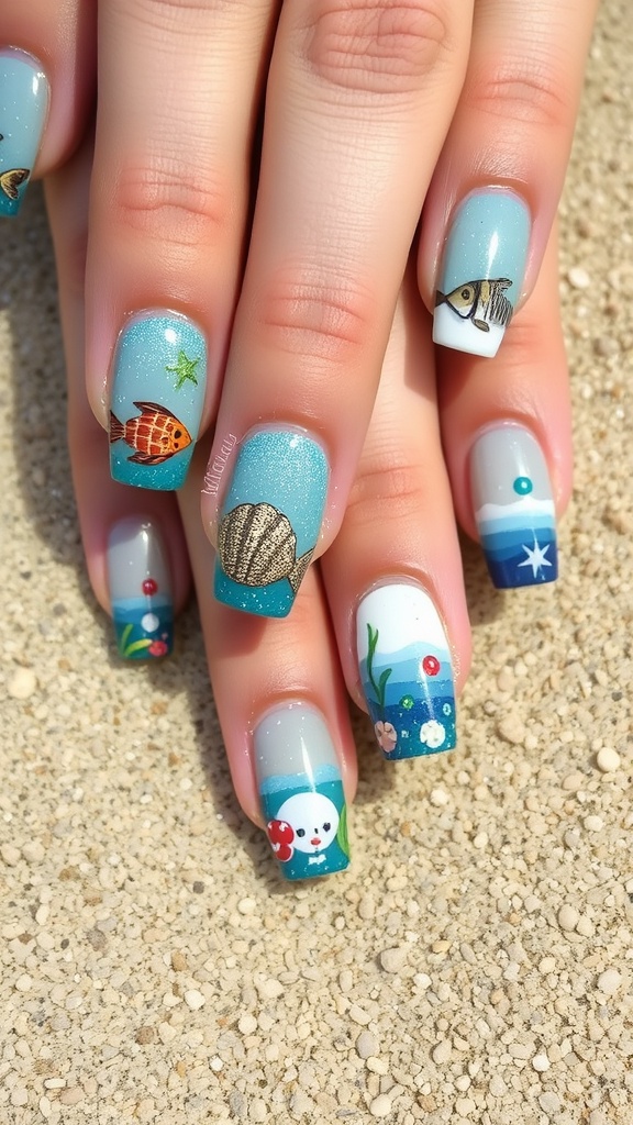 A collection of underwater-themed nail designs featuring blue colors, fish, corals, and playful text.