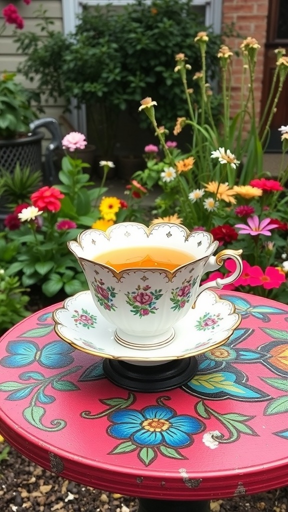 An upcycled birdbath made from a decorative teacup and saucer on a colorful painted base surrounded by flowers.