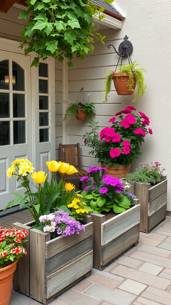 Colorful flowers in upcycled wooden planter boxes on a patio