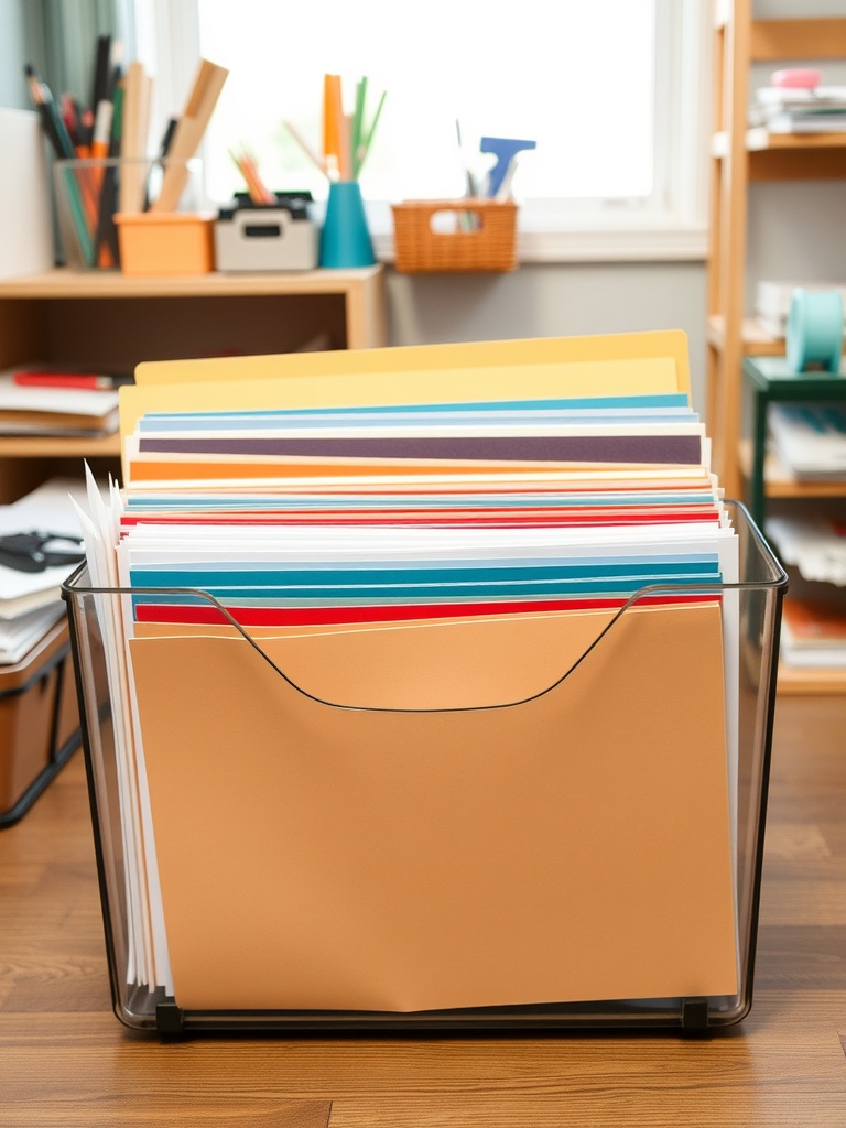 A clear file organizer filled with colorful sheets of paper in a craft room.