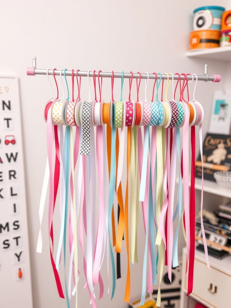 Colorful ribbons organized on a tension rod in a craft room