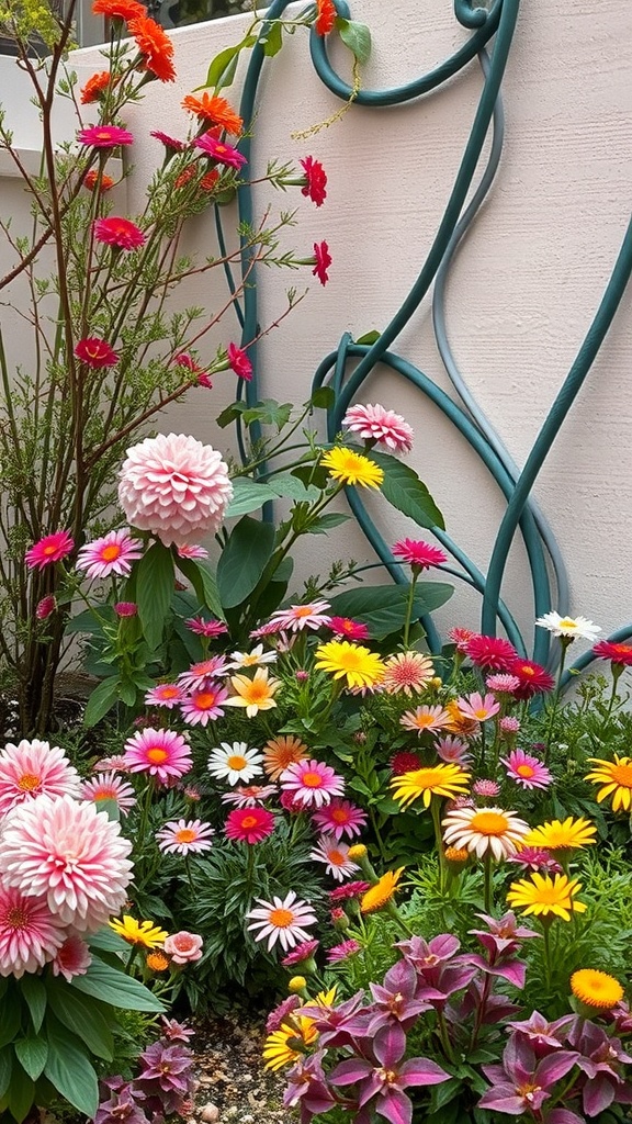 A colorful small garden filled with pink, yellow, and red flowers, showcasing vibrant plant selection.